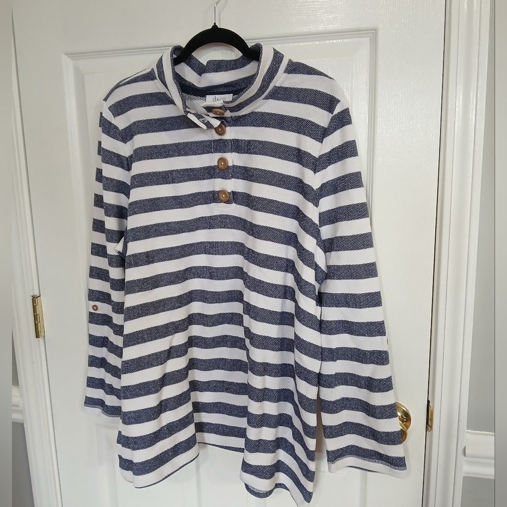 Striped Navy and White Quarter Button-Up Pullover Top Casual Coastal Preppy